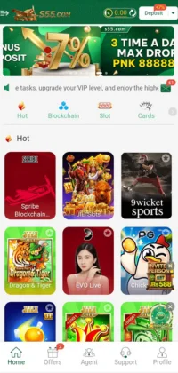 S55 Game home screen with games and wallet options