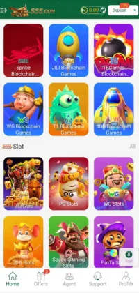 S55 Game home screen with games and wallet options
