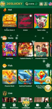 365 Lucky APK Download Free Latest Version (v1.0.0) For Android 2025 2 365 Lucky app interface showing various casino game categories like Hot, Slots, and Fish.