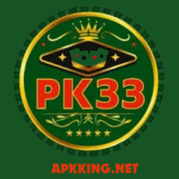 PK33 logo featuring a crowned poker chip emblem with red and gold design elements.