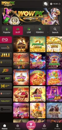WOWPK Game main interface showing popular game categories
