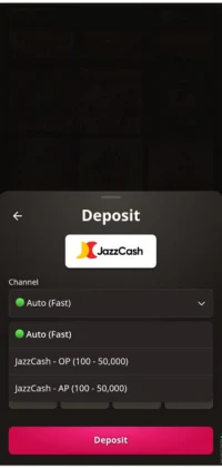 WOWPK Game deposit page showing JazzCash as a payment option