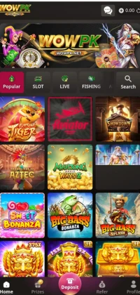 WOWPK Game main interface showing popular slots and game categories.